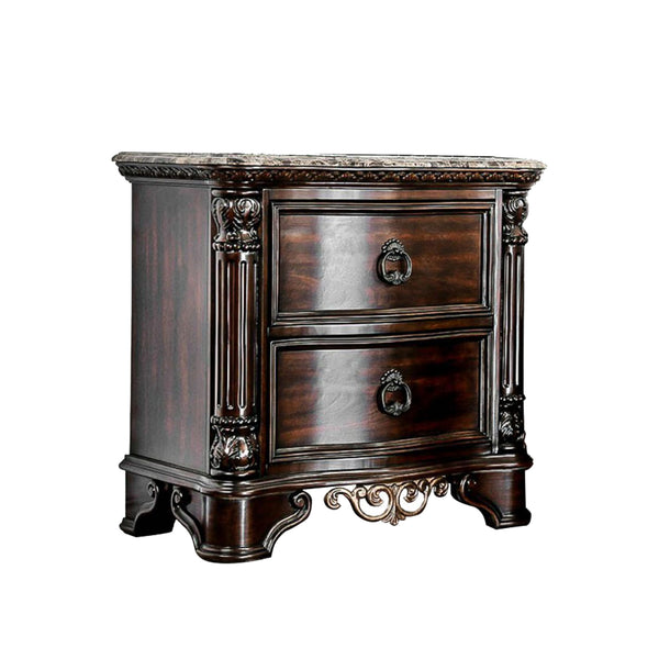 English Elm Genuine Marble Top Nightstand with 2 Drawers, Brown Cherry — Carved Rope Trim, Antique Bronze Pulls B016P251479