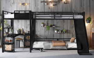 English Elm L-Shaped Metal Bunk Bed With Twin Xl Loft, Queen Bed, Desk, Shelves & Slide - Space-Saving Design! W1580S00279