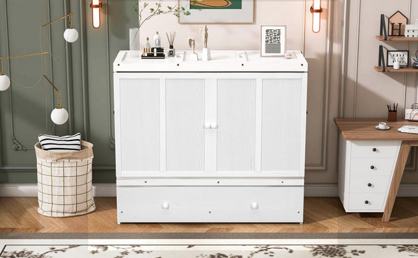 English Elm Full Size Wall Murphy Bed Cabinet with Storage Drawer and Built-in Usb Charging White N708P205903K