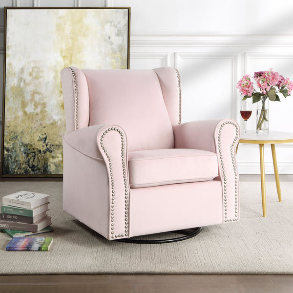 English Elm Tamaki Elegant Pink Fabric Glider Chair with Swivel, Nail-Head Trim, Cozy Upholstery & Smooth Motion B2726P242562