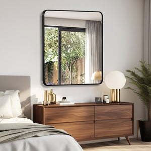 English Elm 36in Black Metal Framed Square Bathroom Mirror 36x36in Large 4mm HD Shatterproof Wall Mirror W2203P310398