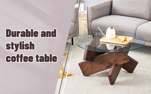 English Elm Round glass coffee table with tempered clear top, walnut MDF legs, adjustable anti-slip feet, modern centerpiece W1151P230572