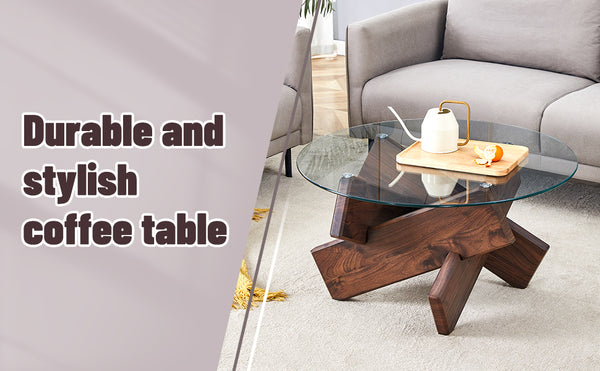 English Elm Round glass coffee table with tempered clear top, walnut MDF legs, adjustable anti-slip feet, modern centerpiece W1151P230572