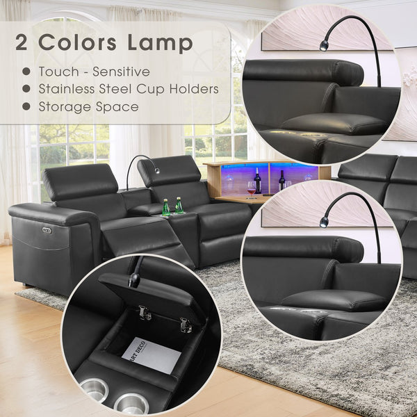 English Elm 5-seater Air Leather Power Reclining Sectional with Led Bluetooth Subwoofer and Lift Cabinet Black W1191S00121