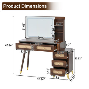 English Elm 47''Vintage Elegant Makeup Vanity with Lights and Mirror, 5-Drawer Rattan Design, Solid Wood Craftsmanship Dark Walnut 46 L x 27 W x 8 H N733P337468D