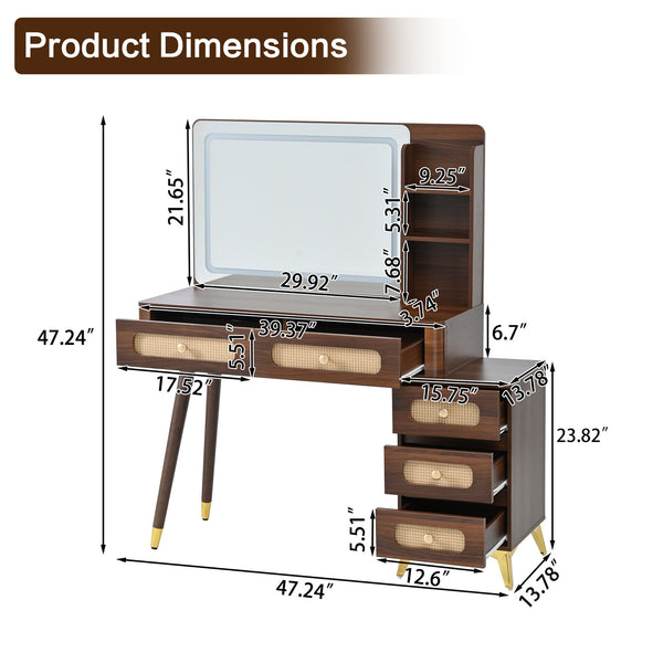 English Elm 47''Vintage Elegant Makeup Vanity with Lights and Mirror, 5-Drawer Rattan Design, Solid Wood Craftsmanship Dark Walnut 46 L x 27 W x 8 H N733P337468D