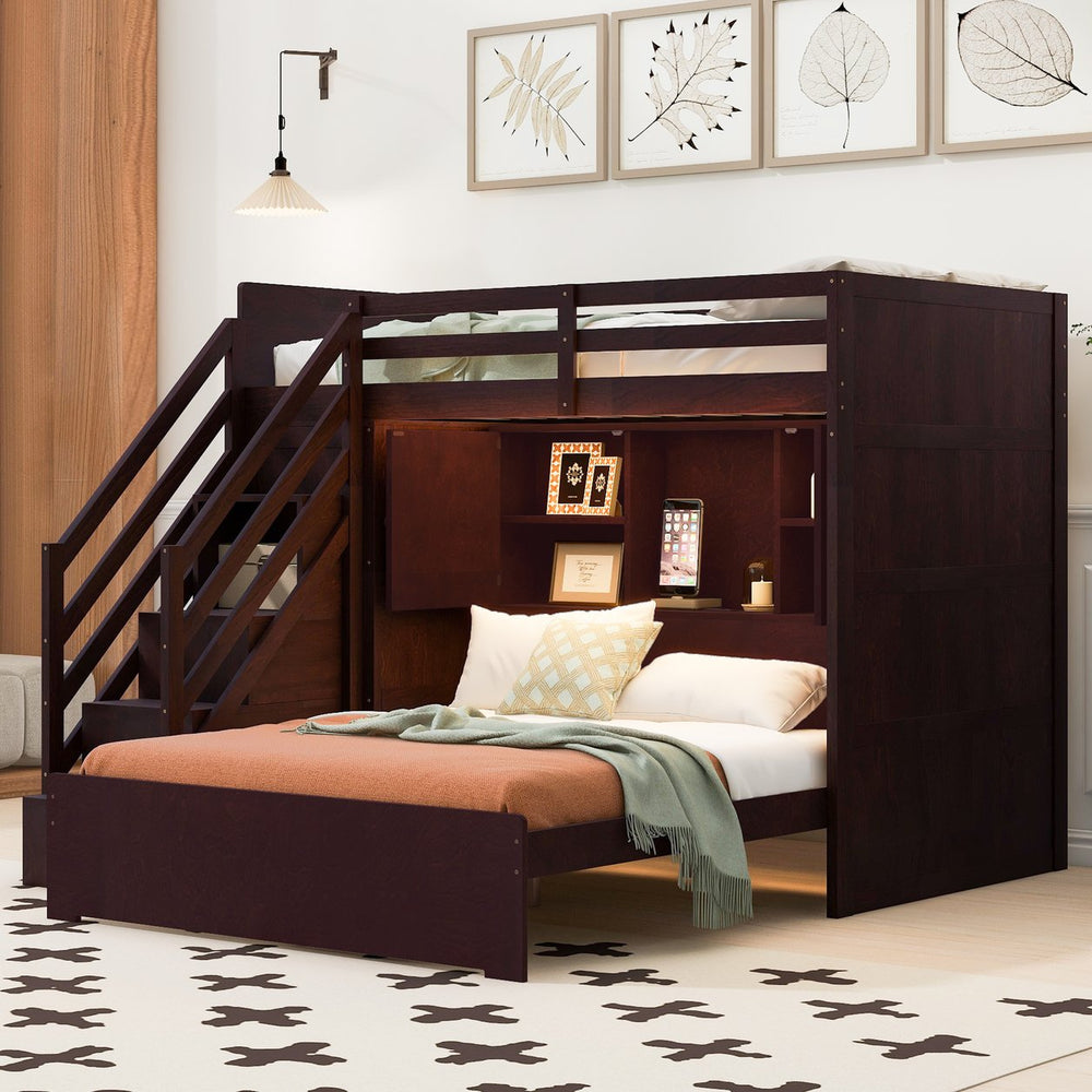 English Elm Twin Over Full Bunk Bed with Wardrobe Storage Stairs Shelves and Usb Charging Espresso LT000292AAP
