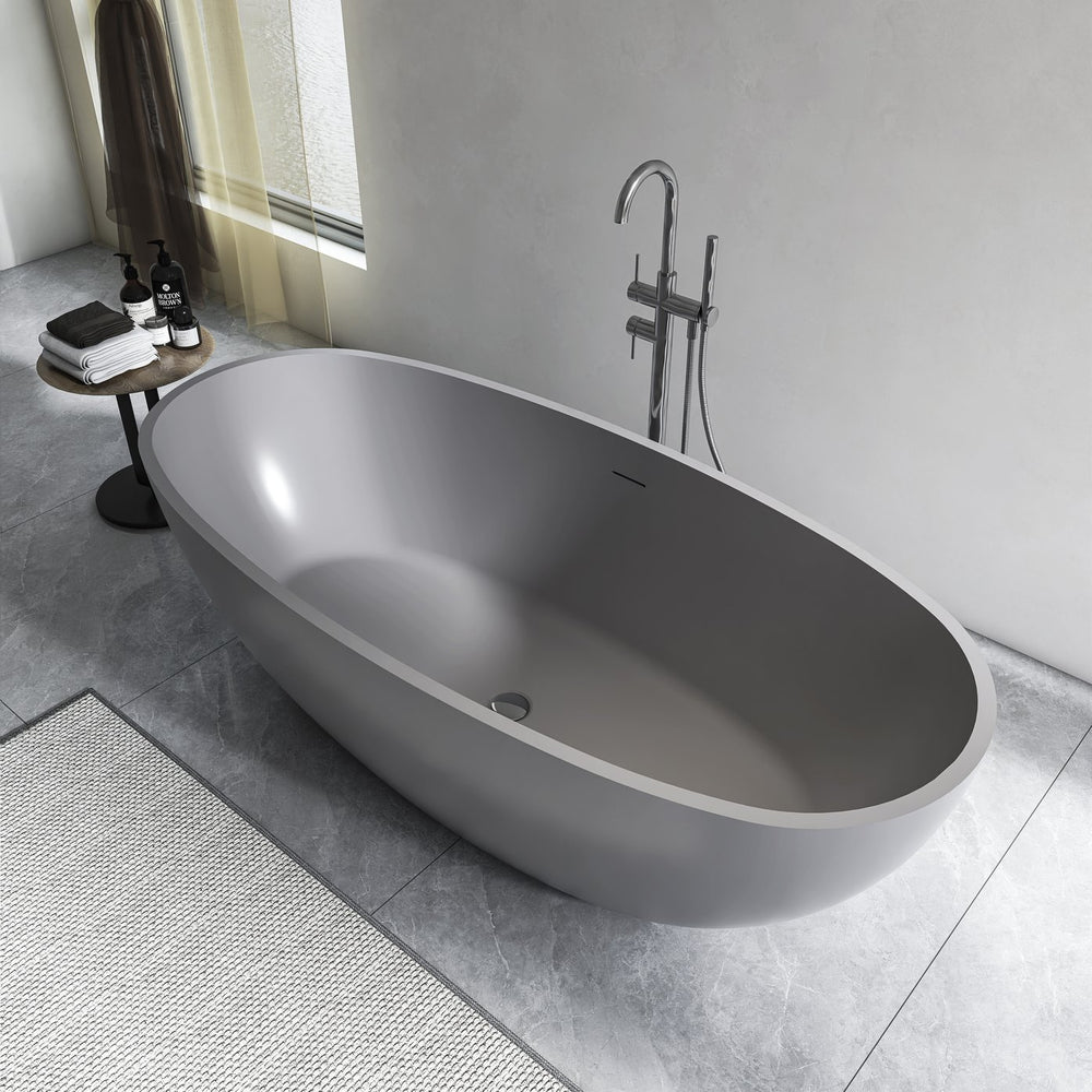 English Elm 65.2 Inch Freestanding Stone Resin Soaking Tub Matte White Spa Grade Bathtub W1613P358121