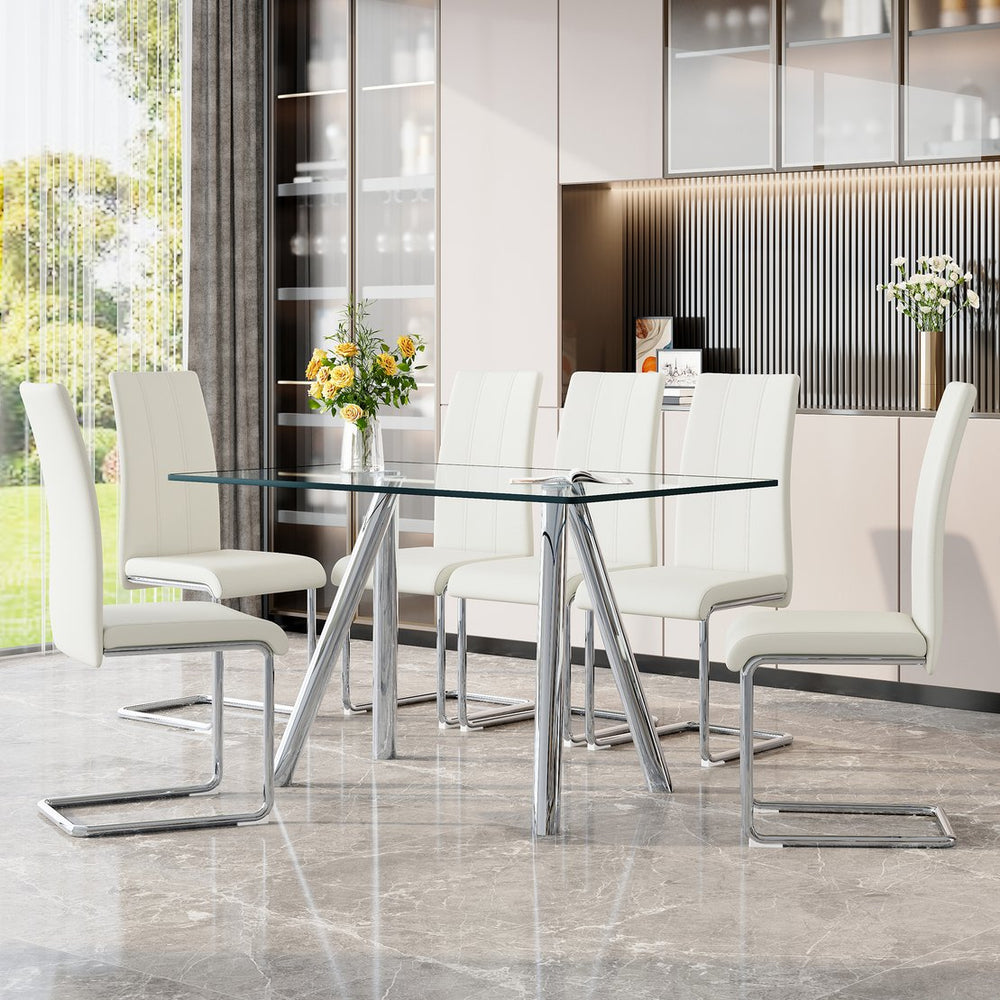 English Elm Tempered Glass Six Seat Dining Set with Chrome Legs and White Pu Leather Chairs W3875S00043