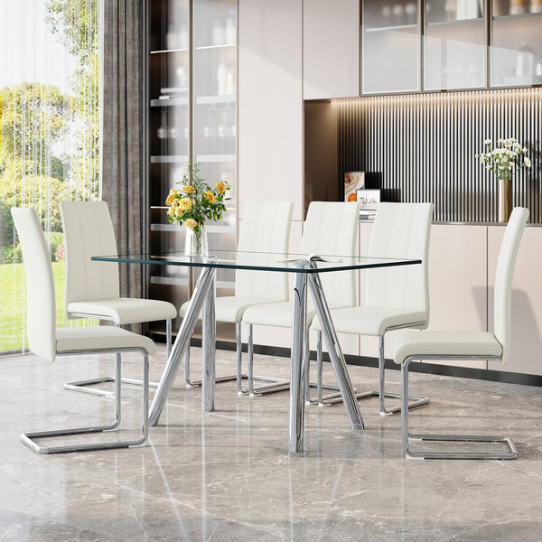 English Elm Tempered Glass Six Seat Dining Set with Chrome Legs and White Pu Leather Chairs W3875S00043