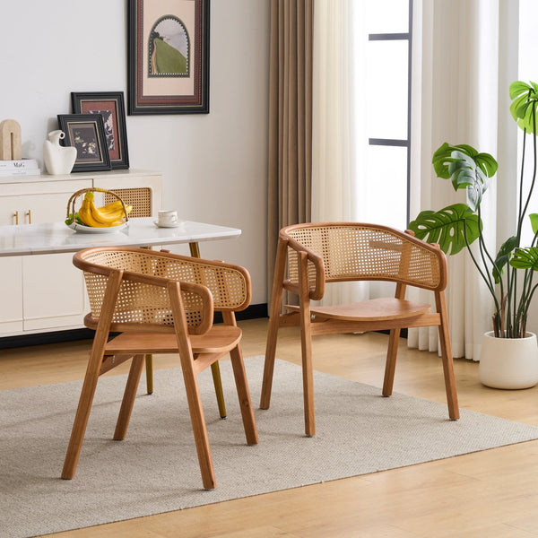 English Elm Rattan Mesh Back Rubberwood Arm Dining Chairs Bohemian Coastal Natural Set of 2 N772P415449N