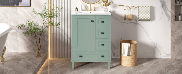 English Elm 24-inch Matte Bathroom Vanity Rubberwood Cabinet with Ceramic Sink and Soft-close Drawers Light Green N729P377516F