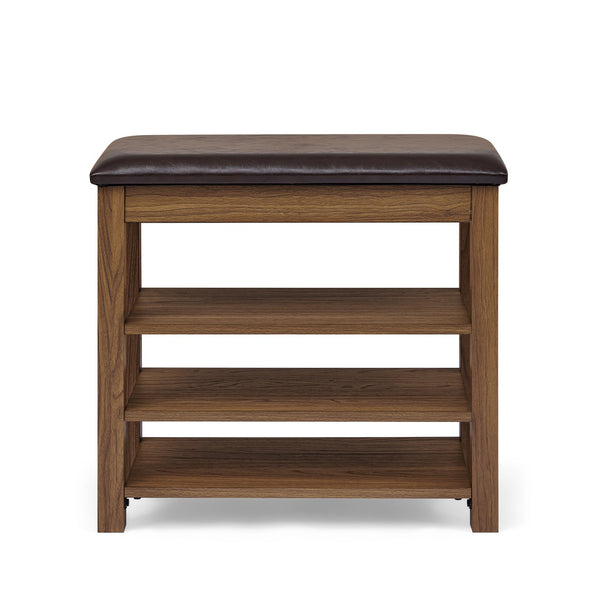 English Elm A Height-Adjustable Shoe-Changing Bench With Storage, Plush Seat, Natural Rubberwood, Warm Brown Finish W487P289976