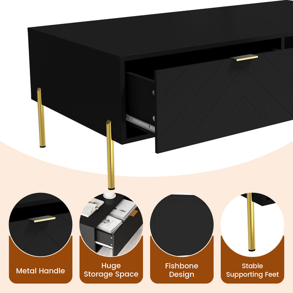 English Elm Mid-century Modern Coffee Table with Dual Drawers Tapered Legs and Open Storage Shelf Black T3609P482850