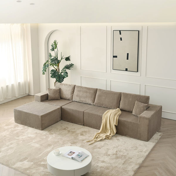 English Elm 139.3" Modular Sectional Sofa - Cloud-Like Boneless Corduroy Couch with Ottoman, 2 Pillows, No Assembly Grey W2656S00010