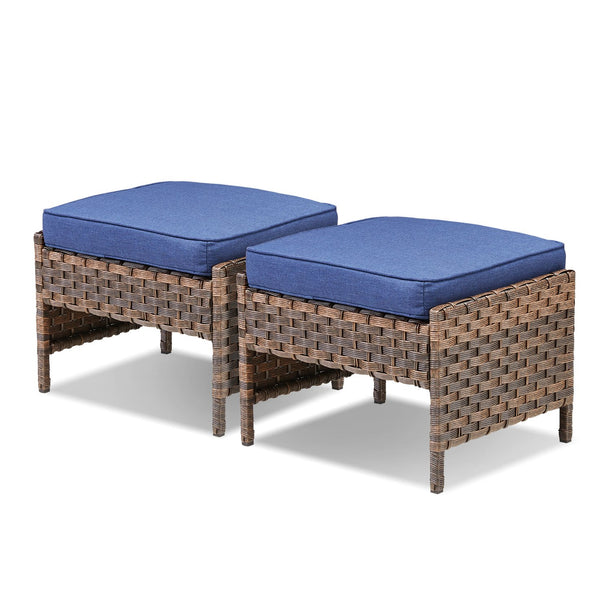 English Elm Outdoor Handwoven Pe Wicker Ottoman Set Rust Resistant Patio Footrests with Cushions Blue T3773P417377