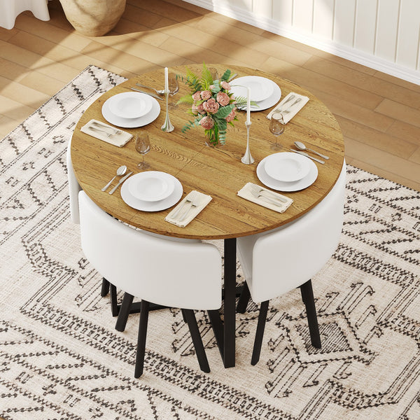 English Elm 5 Piece Round Faux Marble Dining Set with Pu Leather Chairs for Small Apartments White,Wood W3875S00085