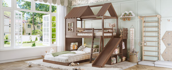 English Elm Twin Over Full Playhouse Bunk Bed with Slide Ladder Storage Shelves and Wardrobe Antique Natural W5305S00041