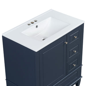 English Elm Christopher Knight Home® - 30" Freestanding Bathroom Vanity with Ceramic Sink, Soft-Close Door, Gold Knobs & 3 Drawers, Durable Painted Finish Blue N759P225994C