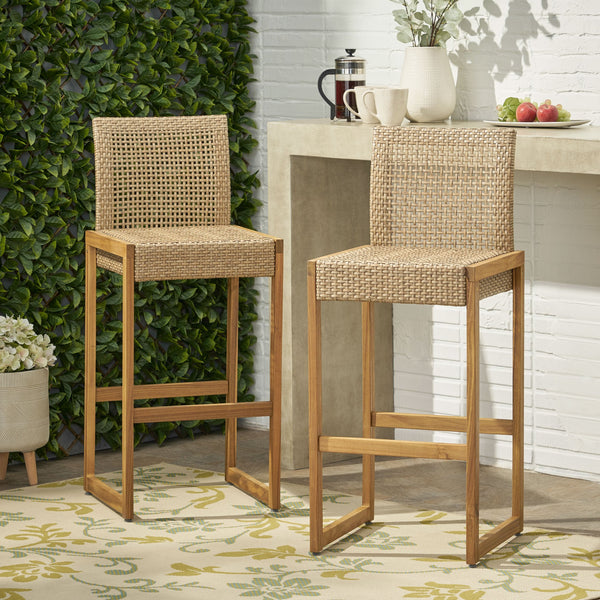 English Elm Christopher Knight Home® - ELON Outdoor Wicker Barstools Set of 2 – Acacia Wood Frame, Faux Rattan, Teak Finish, 400 lb Capacity 70422.00MLBRN