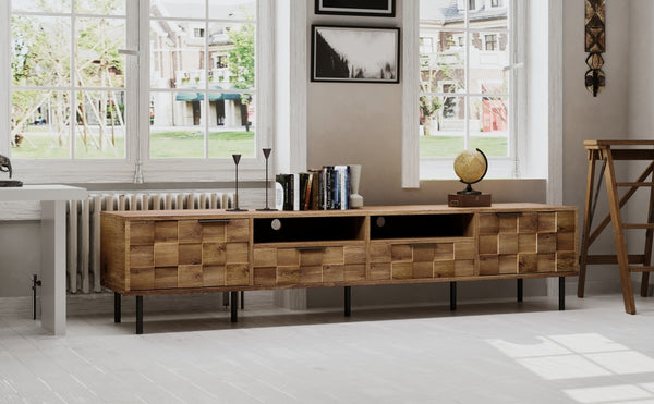 English Elm Mid retro TV Stand for TVs up to 85" — Medieval-inspired media console with 2 drawers, 4 cabinets, cable management Natural N710P193724P