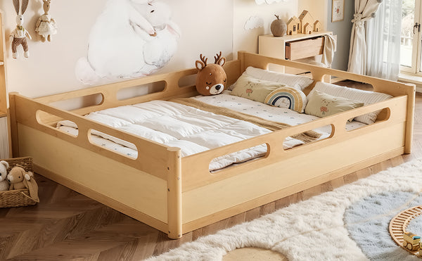 English Elm Queen Low Profile Floor Bed Pine Wood Frame Japandi Minimalist Bedroom Design Natural W1580P438796