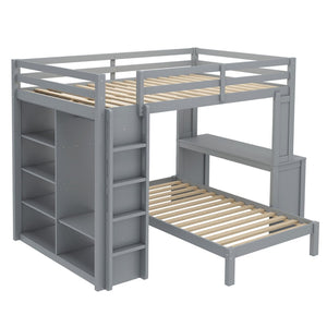 English Elm Queen Solid Wood Bunk Bed With Dismountable Twin, Desk, Shelves & Wardrobe - Modern Grey Design W1580S00215-GIGA