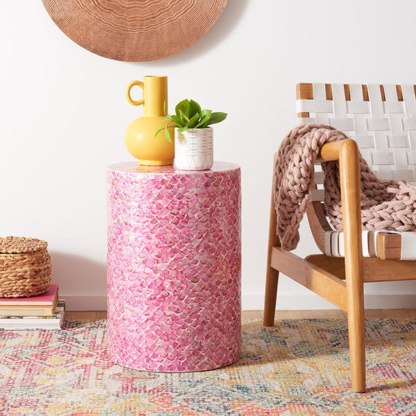 Emberlyn Round Accent Table - Stunning Pink Fish Scale Design for Artistic Home Décor and Style
