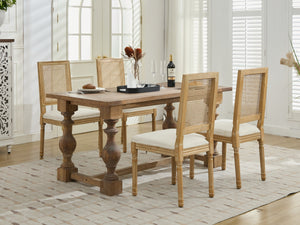 English Elm French Louis Dining Chair Set of 2 with Rattan Square Backrest, Carved Solid Wood Frame, Cushioned Elegance Beige W1143P335056