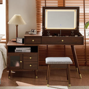 English Elm 3-in-1 Vanity Desk with LED Flip Mirror, Compact Makeup/Dressing Table with Storage Drawers & Stool Walnut N844P291656W