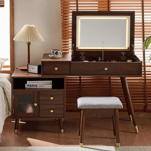 English Elm 3-in-1 Vanity Desk with LED Flip Mirror, Compact Makeup/Dressing Table with Storage Drawers & Stool Walnut N844P291656W