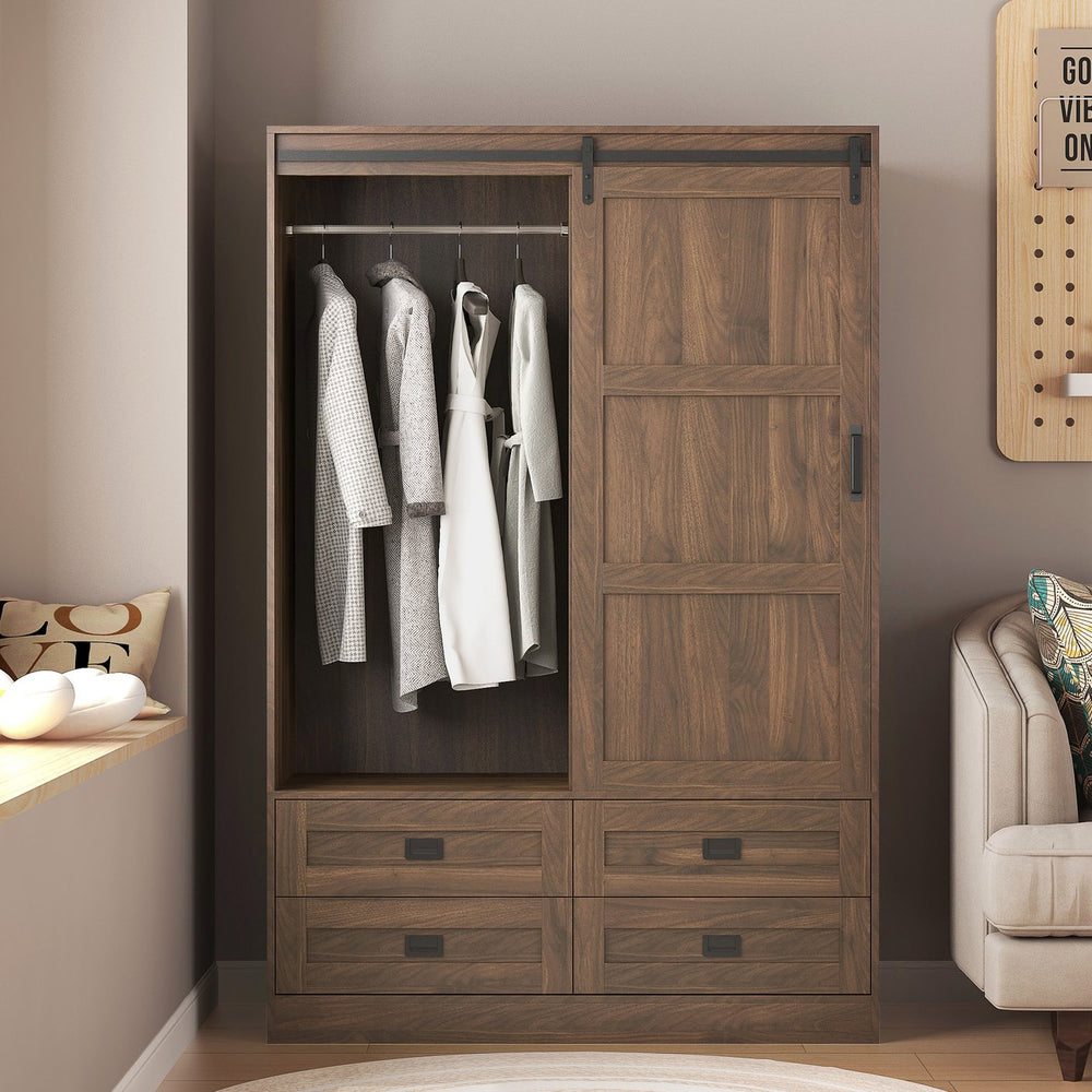 English Elm Tall Farmhouse Wardrobe Armoire with Sliding Barn Doors Drawers and Hanging Rod Wood W1321S00050