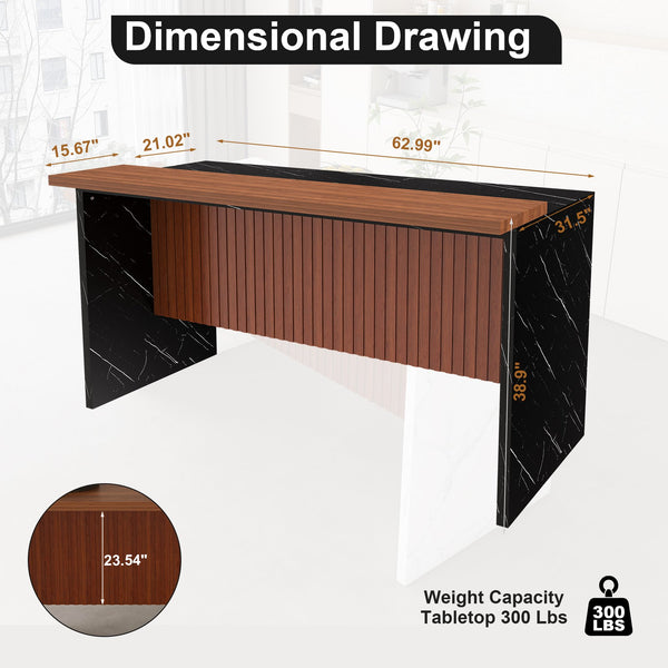 English Elm 63" Modern Kitchen Island with Black Marble-Look Surface, LED Ambient Lighting & Grille Accent Walnut+black W2699P365915