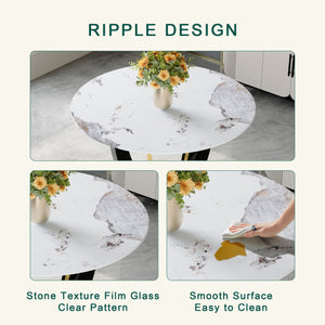 English Elm 42 Inch Round Tempered Glass Dining Table Marble Look Top with Gloss Black V Legs W2827P341695