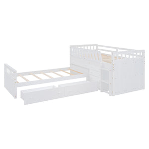 English Elm L-shaped Twin Loft Platform Bed with 7 Drawers Full Guardrails Kids White Pine LT000853AAK