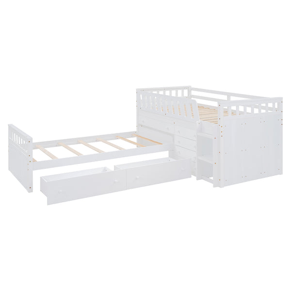 English Elm L-shaped Twin Loft Platform Bed with 7 Drawers Full Guardrails Kids White Pine LT000853AAK