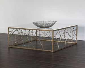 Sunpan Vero Coffee Table: Large White Volakas Marble Top with Rustic Bronze Steel Frame for Stunning Style