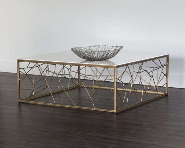 Sunpan Vero Coffee Table: Large White Volakas Marble Top with Rustic Bronze Steel Frame for Stunning Style