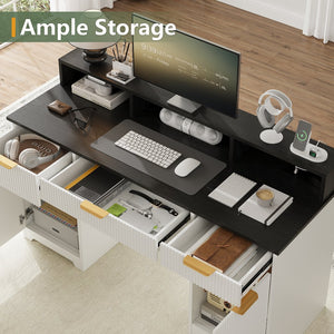 English Elm Executive Home Office Desk with Power Outlets Monitor Stand and File Storage T3773P417164