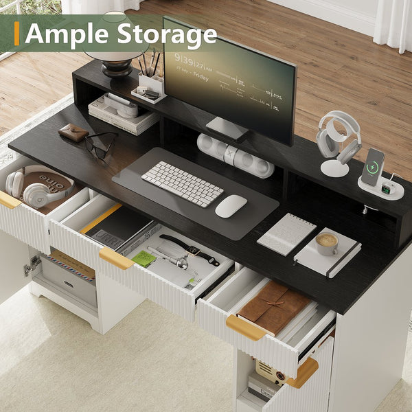 English Elm Executive Home Office Desk with Power Outlets Monitor Stand and File Storage T3773P417164