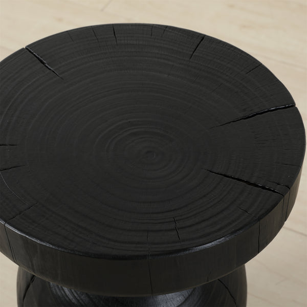 English Elm Solid Mango Wood Round Accent Table Hand Burned Finish Sculptural Plant Stand Nightstand W347P430101