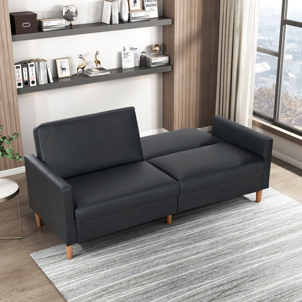 English Elm Comfort Convertible Sleeper Sofa Faux Leather Futon with Plywood Frame, Pocket Coil Comfort, Walnut Legs, 79" Black 46 L x 36.5 W x 17 H B011P332249