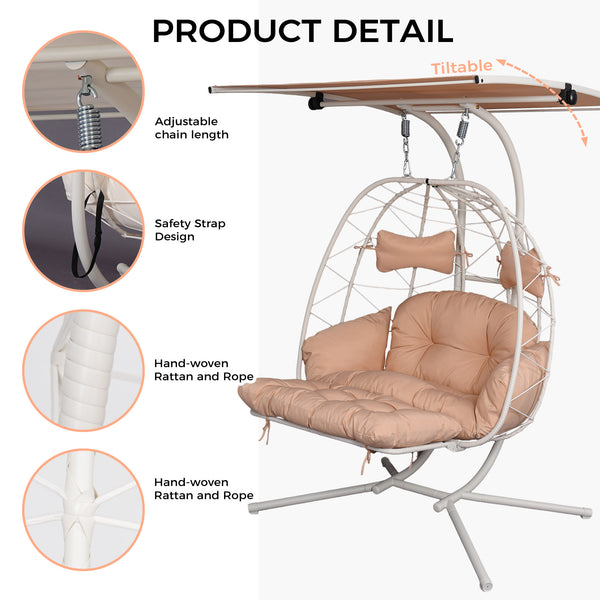 English Elm 2-person Outdoor Wicker Egg Chair Hanging Swing with Canopy Stand and Cushions Beige+White T5880P502253