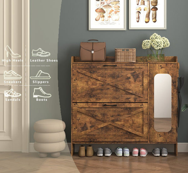 English Elm Shoe Storage Cabinet with Mirror & 2 Flip Drawers, Narrow Freestanding Organizer with Metal Legs for Entryway, Rustic Brown W2129P299615