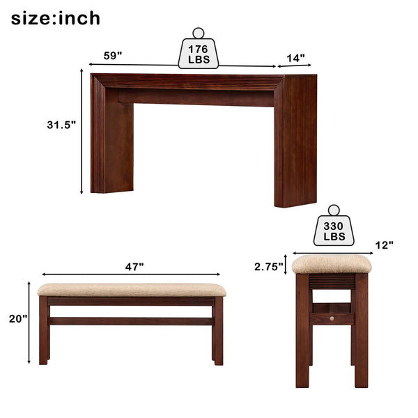 English Elm Fluted Counter Height Dining Set Narrow Bar Console with Upholstered Stool Retro Wood Cherry W1202P330886
