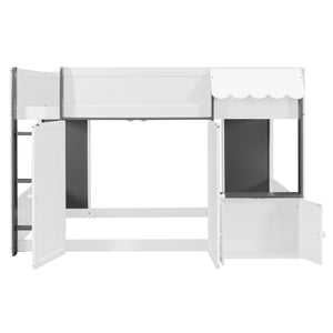 English Elm Twin House Loft Bed with Pull Out Rolling Desk Stair Drawers and Cabinet Storage White+Gray N820S00074E