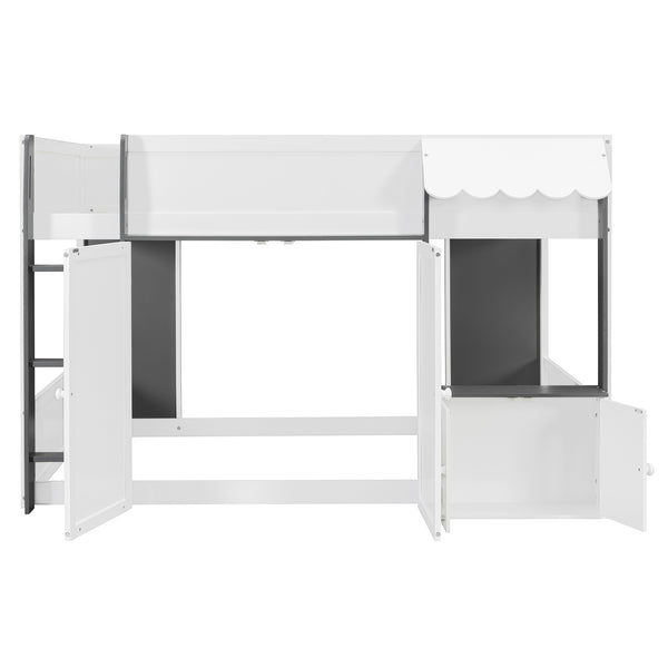 English Elm Twin House Loft Bed with Pull Out Rolling Desk Stair Drawers and Cabinet Storage White+Gray N820S00074E