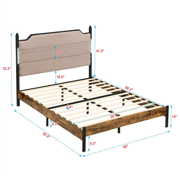 English Elm Queen Platform Bed Lamb Fleece Headboard Led Lighting Usb Charging Under Storage W311P416222