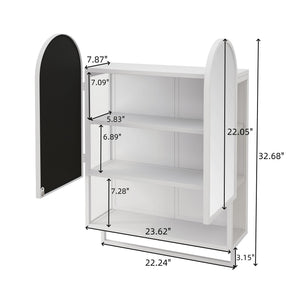 English Elm 23.62" Modern Double-Arched Mirror Cabinet with Tempered Glass, Metal Frame, Shelf & Towel Rack Storage White W757P314591