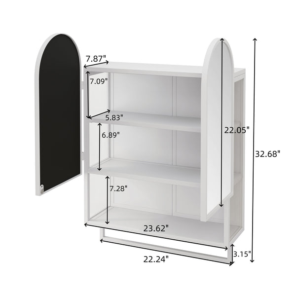 English Elm 23.62" Modern Double-Arched Mirror Cabinet with Tempered Glass, Metal Frame, Shelf & Towel Rack Storage White W757P314591